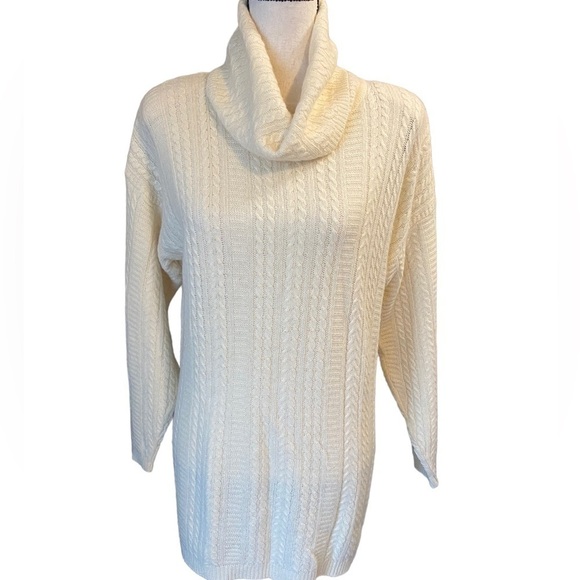 𝅺Jeanne Pierre Cream Cable Knit Lambswool Blend Cowl Neck Medium Sweater VTG - Picture 1 of 6